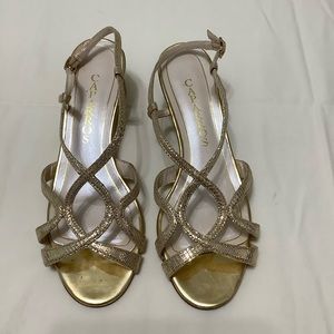 Anthropologie Gold Reptile Strappy 2” heels Sandals by Caparro Size 6B (SH090)
